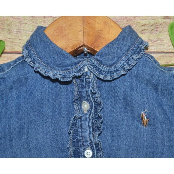 Ralph Lauren Denim Dress Button Up Ruffles Baby 24M Blue Preppy Long Sleeve Pony - Picture 3 of 9